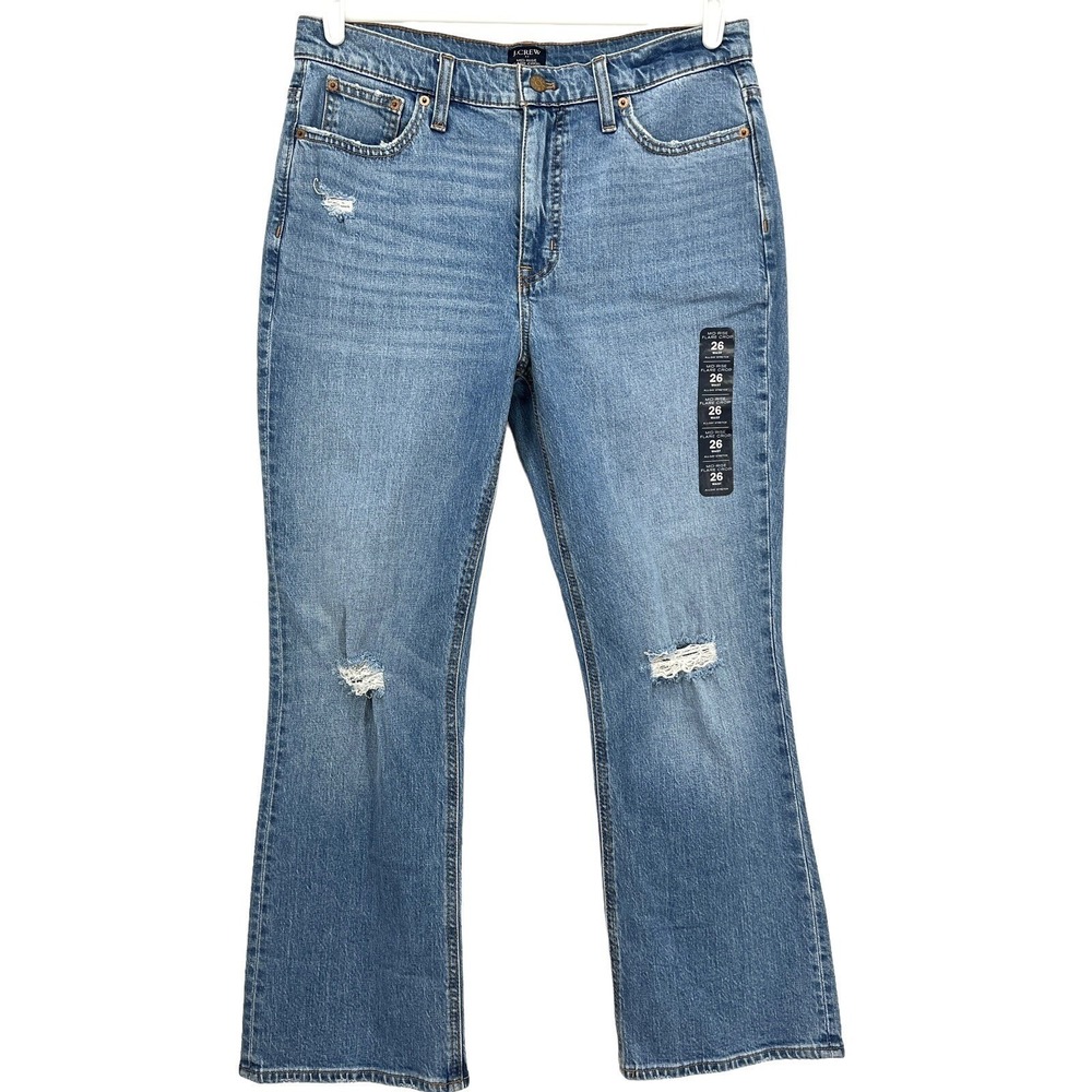 J. CREW Women's Distressed Mid Rise Flare Crop Stretch Blue Jeans Size 26 NWOT